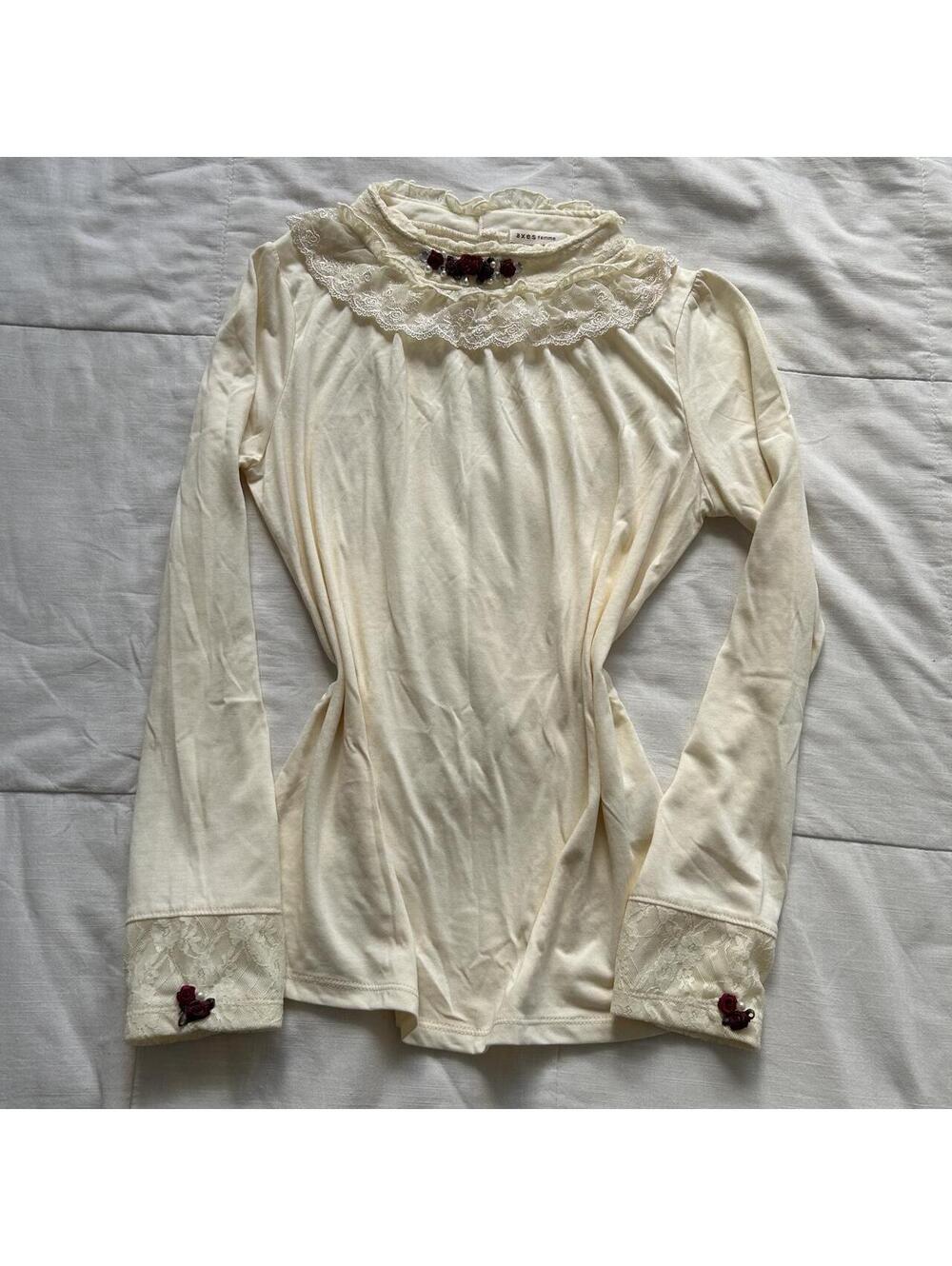 Axes Femme Ivory Lace Ruffle Rosette Pearl Gothic Lolita Top Medium Japan